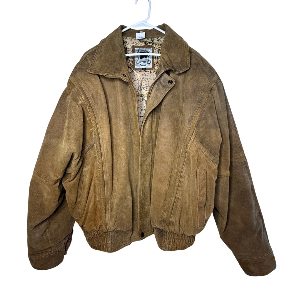 Vintage Steer Brand Brown Suede Leather Bomber Jacket XL Map Lined Aviator